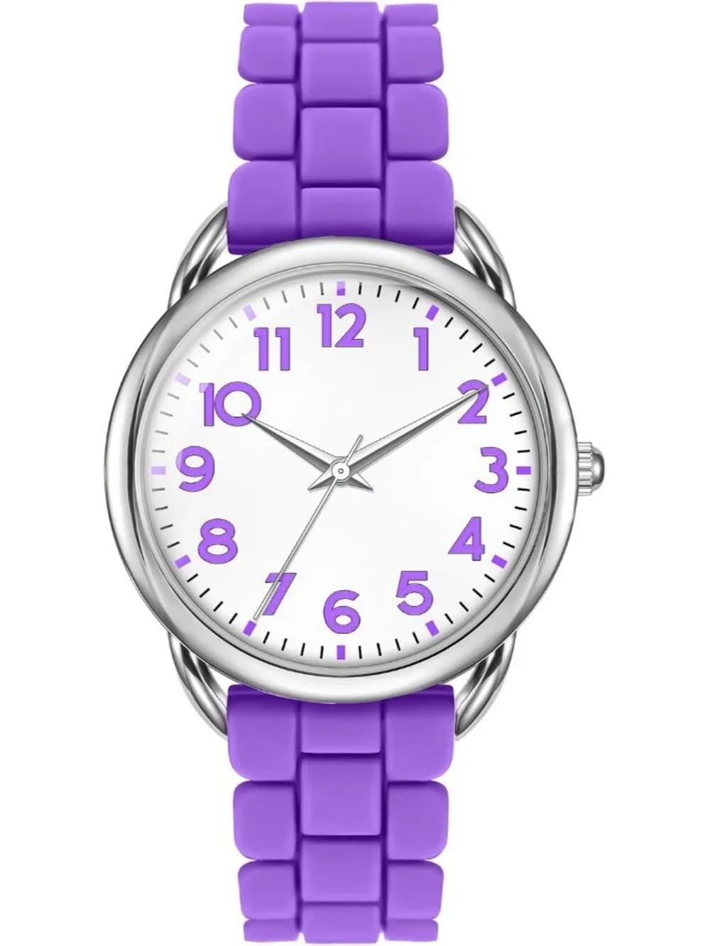 Women's Purple White Big Face Easy Reader Silicone Strap Waterproof 35MM Watch